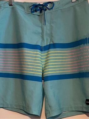 Hurley Teal Boardshorts with Blue, Yellow & Pink Stripes